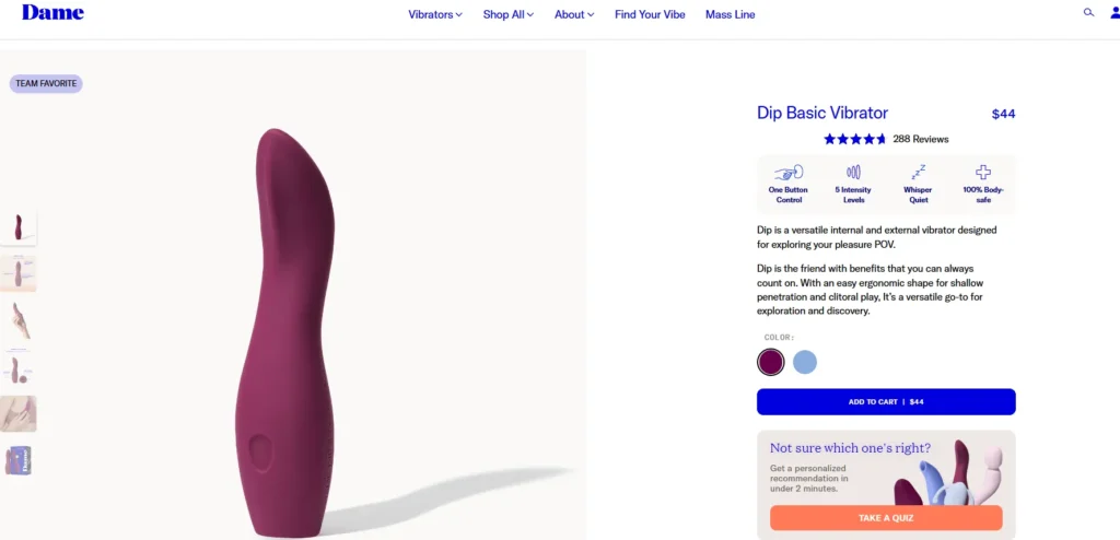 Dame Dip Basic Vibrator product page showing the product, $44 price, color options, review count, feature badges, and Add to Cart button.