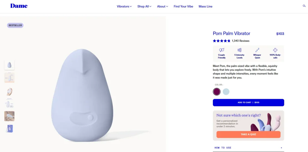 Dame Pom product page showing the palm vibrator, visible price, color options, review count, and Add to Cart button.