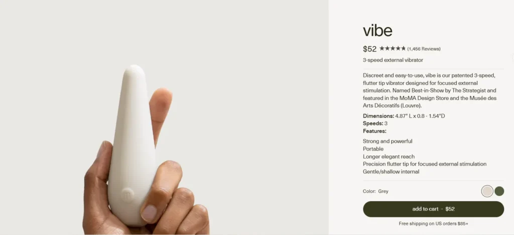 maude vibe product page showing the three-speed external vibrator, price, color options, dimensions, and Add to Cart button.