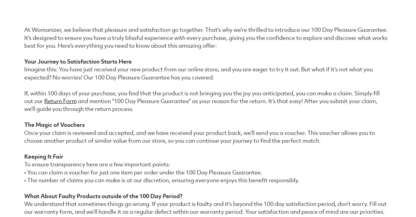 Womanizer 100-Day Pleasure Guarantee terms explaining eligibility, the claim process, product return, voucher outcome, and limits on claims.