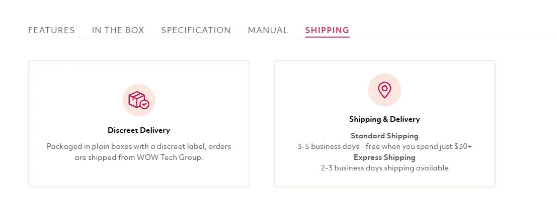 Womanizer shipping panel showing plain-box discreet delivery, standard delivery timing, express shipping, and the displayed free-shipping threshold.