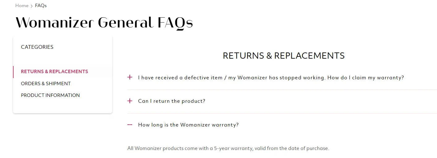 Womanizer FAQ stating that products have a five-year warranty beginning on the purchase date.