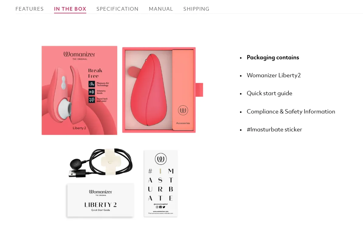 Womanizer Liberty 2 box contents showing the device, protective case, charging cable, quick start guide, safety information, and branded sticker.