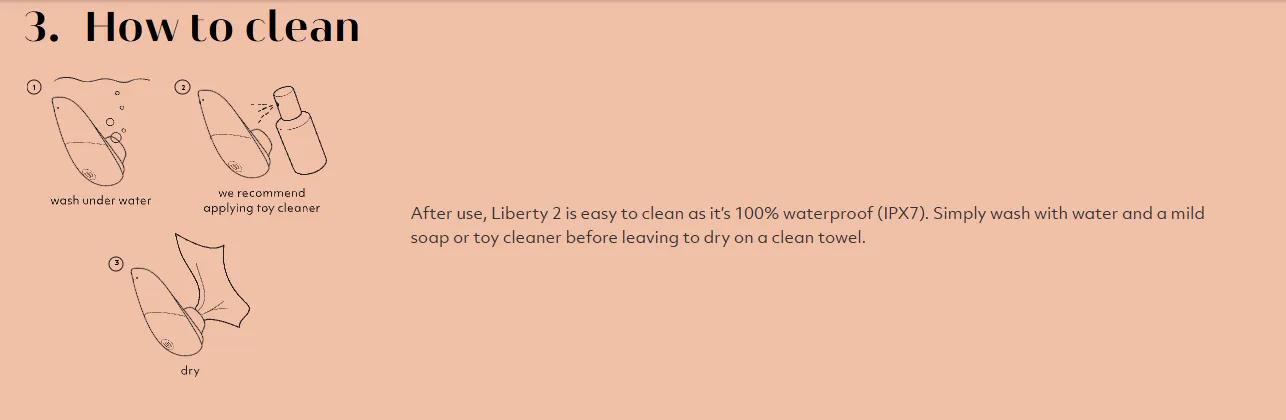 Proper cleaning and drying protocol for clitoral air-pulse toys showing detached silicone nozzle head