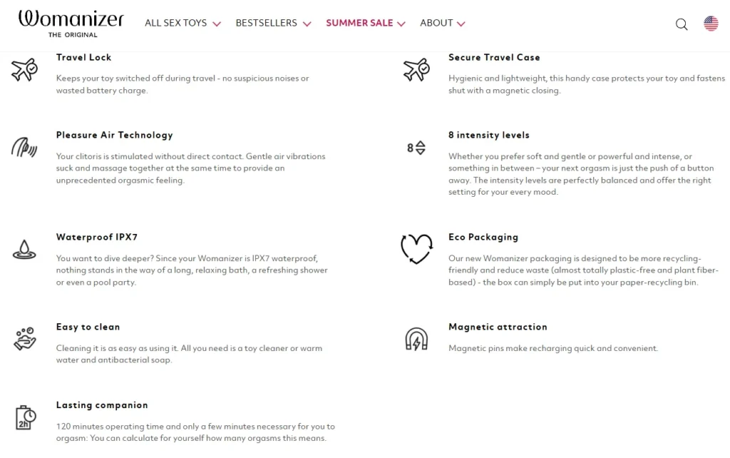 Womanizer Liberty 2 feature panel listing travel lock, Pleasure Air technology, eight intensity levels, IPX7 waterproofing, and magnetic charging.