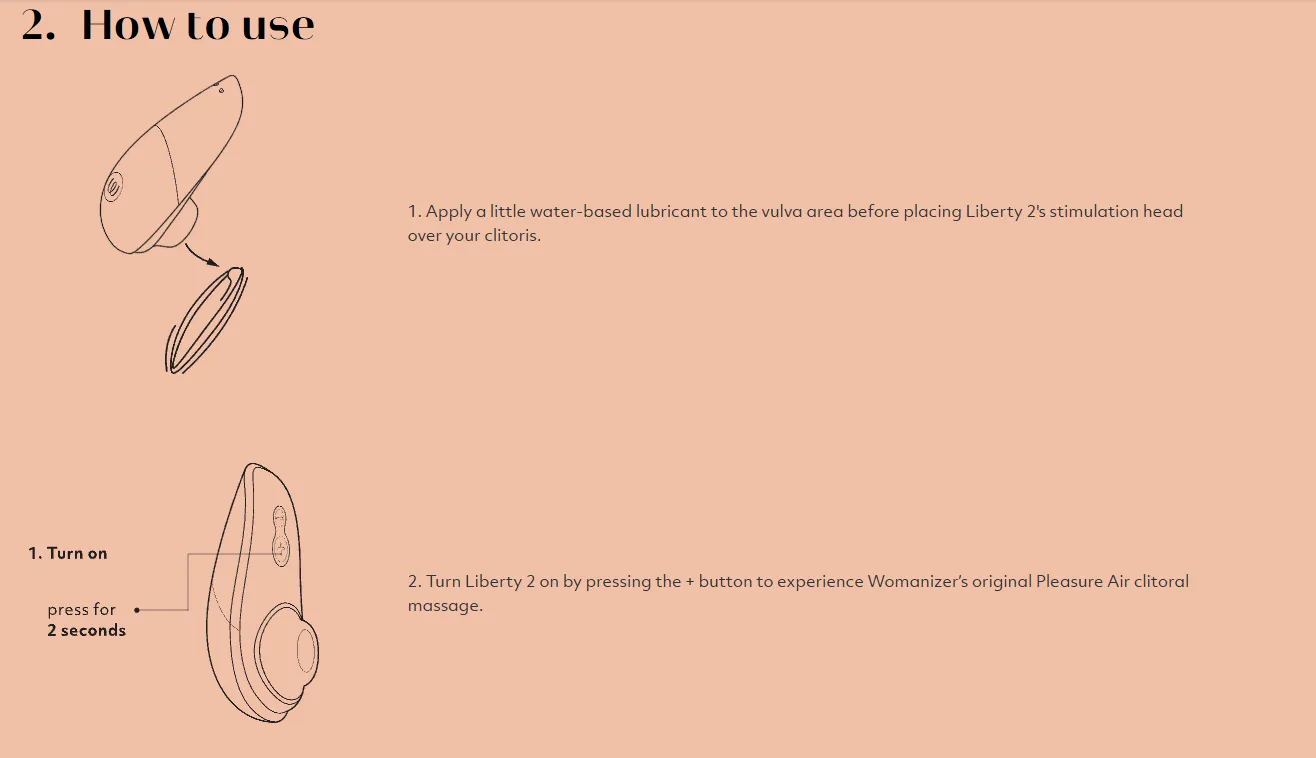 Womanizer Liberty 2 guide showing water-based lubricant placement and the two-second press used to turn the device on.