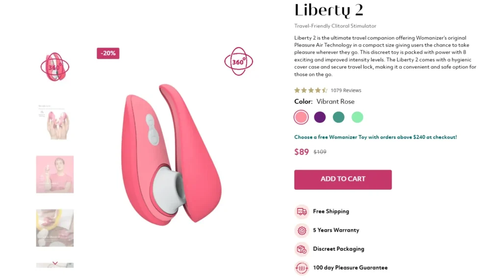 Womanizer Liberty 2 product page showing the device, sale price, color options, reviews, and Add to Cart button.