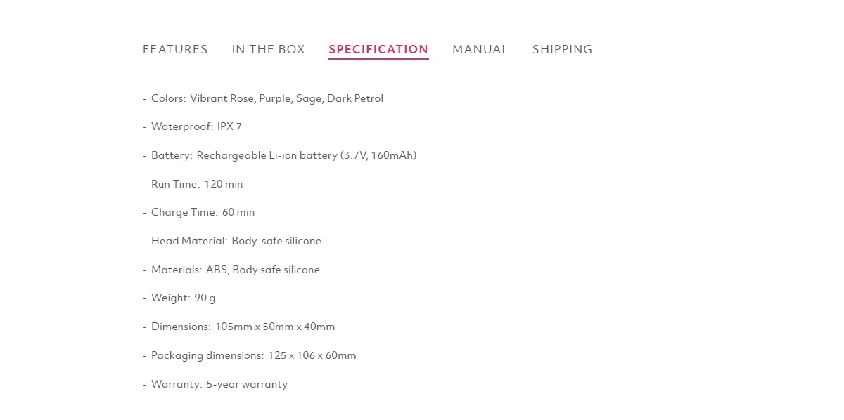 Womanizer Liberty 2 specifications listing IPX7 waterproofing, 120-minute runtime, 60-minute charge time, lithium-ion battery, body-safe silicone, weight, dimensions, colors, and five-year warranty.
