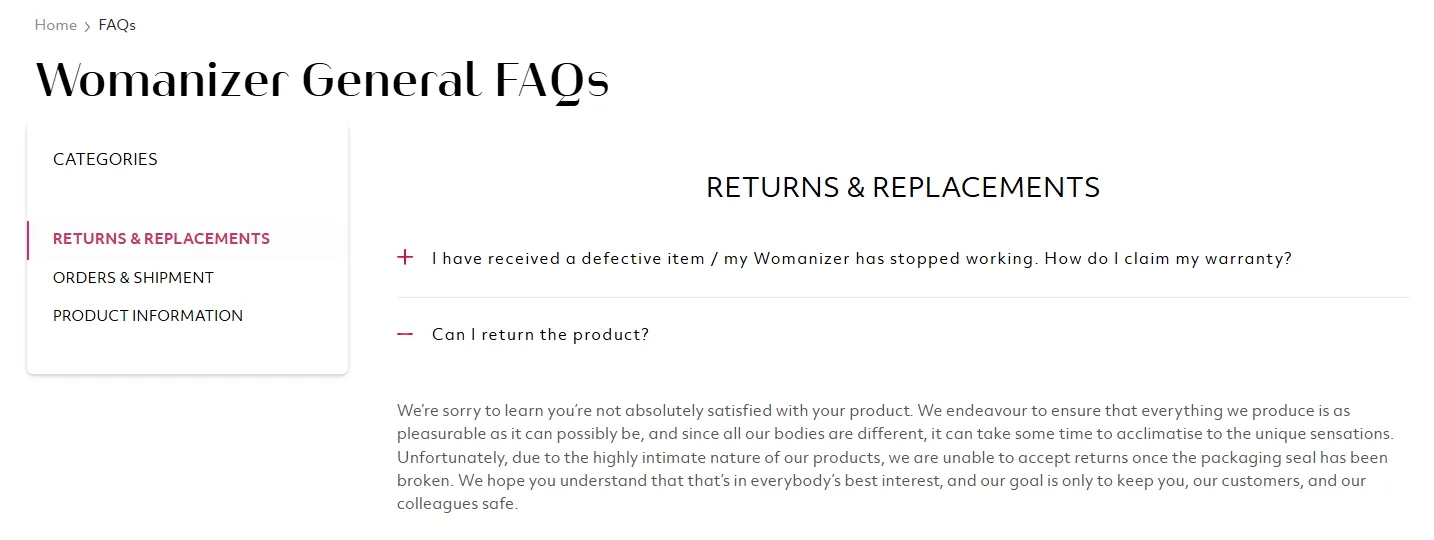 Womanizer FAQ explaining that intimate products cannot be returned after the packaging seal has been broken.