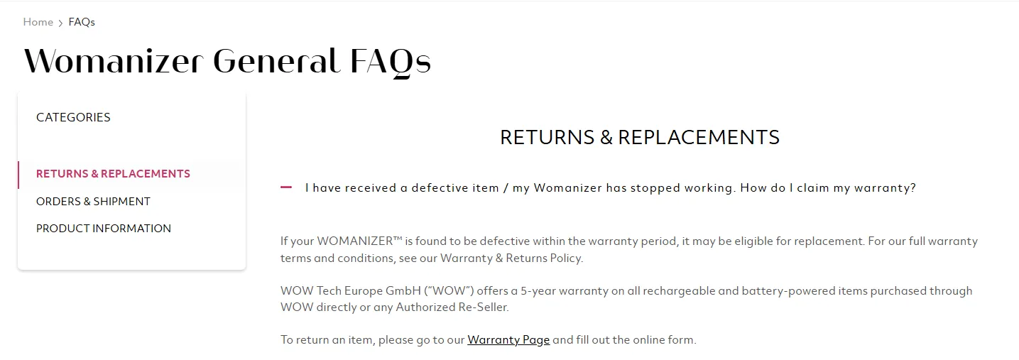 Womanizer FAQ explaining warranty eligibility, the five-year term for qualifying purchases, and the online warranty claim form.