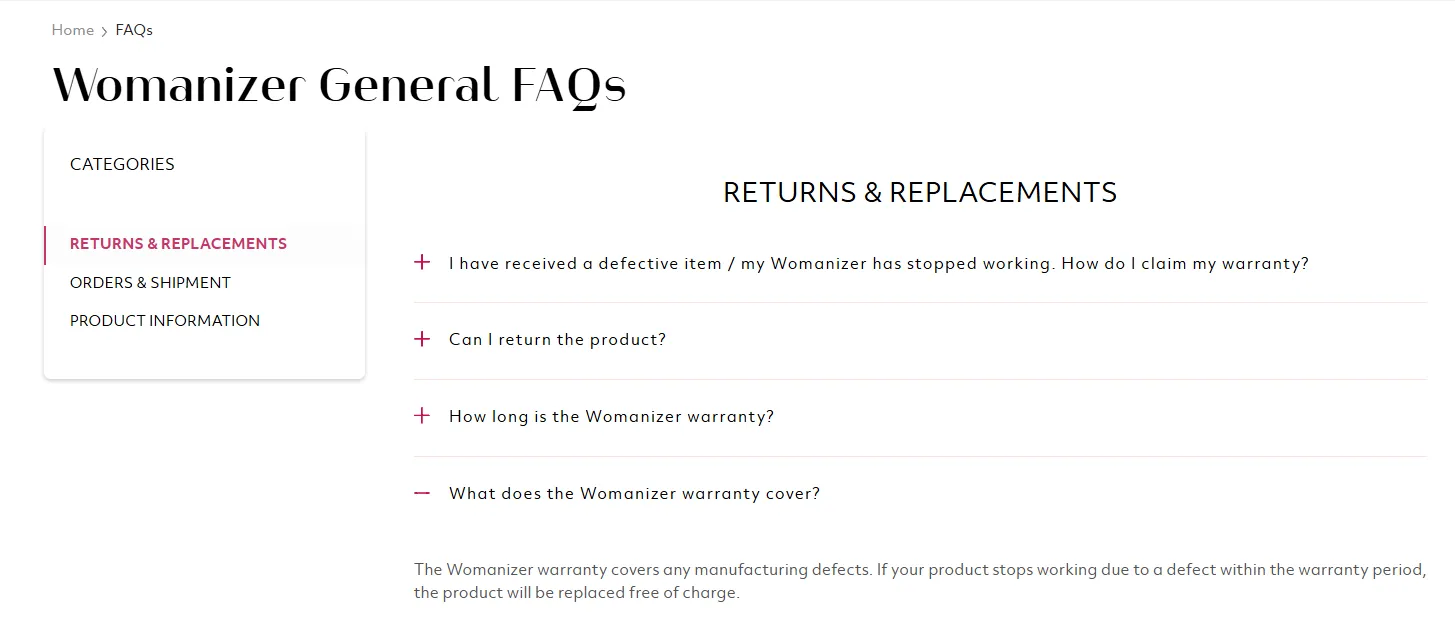 Womanizer FAQ stating that the warranty covers manufacturing defects and may provide a free replacement during the warranty period.