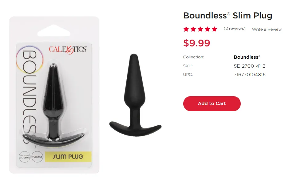 CalExotics Boundless Slim Plug product page showing the black plug, $9.99 price, two reviews, SKU SE-2700-41-2, and Add to Cart button.