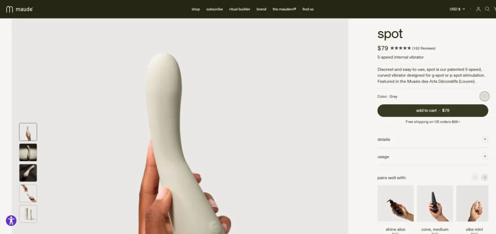 Maude Spot product page showing the device, $79 price, review count, color selection, and add to cart button.