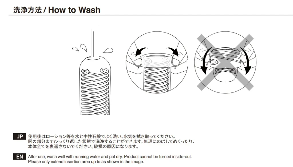 TENGA SPINNER manual washing instructions showing rinsing and the warning not to turn the product completely inside out.