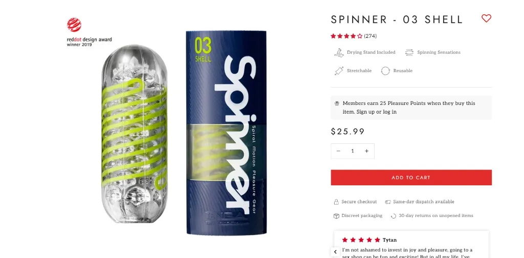 TENGA SPINNER - 03 SHELL product page showing the product and packaging, price, review count, reusable and drying-stand badges, and Add to Cart button.