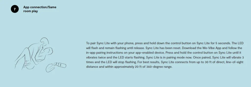 We-Vibe Sync Lite app guide showing phone pairing steps, LED and vibration confirmations, and approximate 20- to 30-foot same-room control range.