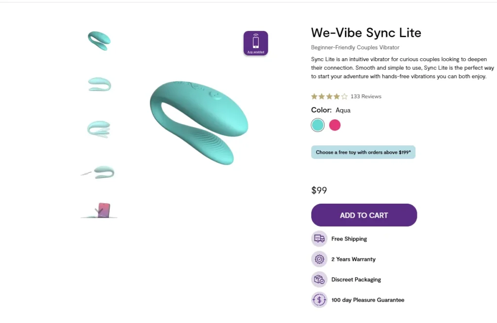We-Vibe Sync Lite product page showing the Aqua device, $99 price, 133 reviews, color options, app-enabled badge, and Add to Cart button.