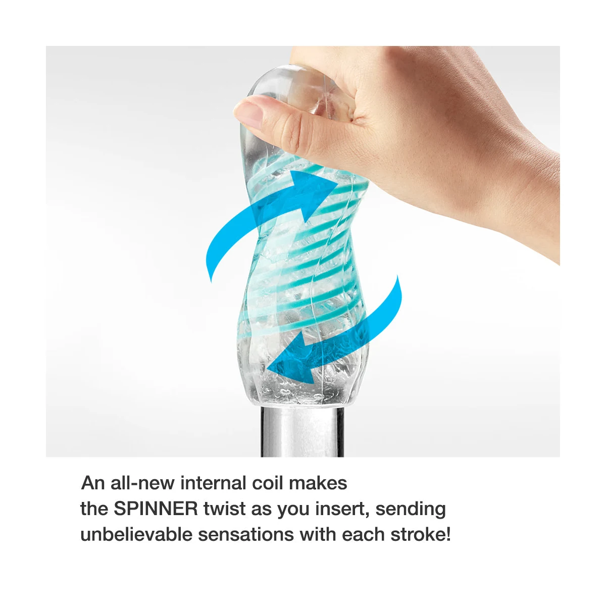 Official transparent TENGA Spinner sleeve showing the embedded spiral coil and twisting motion.