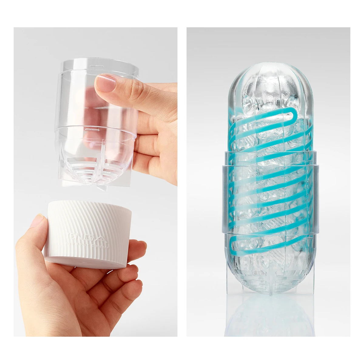 Official TENGA Spinner drying-case components beside the transparent sleeve docked upright.