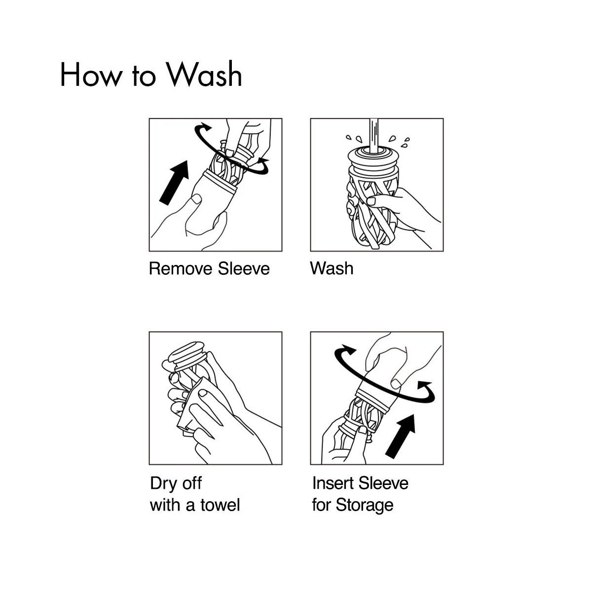 Official TENGA Air-Tech care guide showing sleeve removal, washing, towel drying, and storage.
