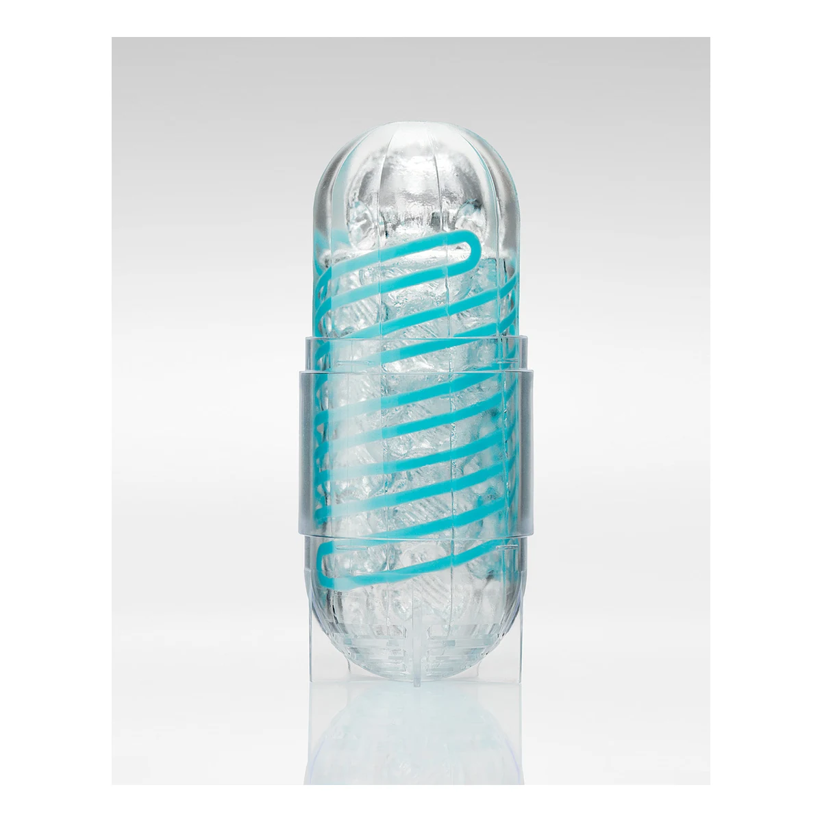 Official TENGA Spinner sleeve positioned upright on its transparent drying stand.