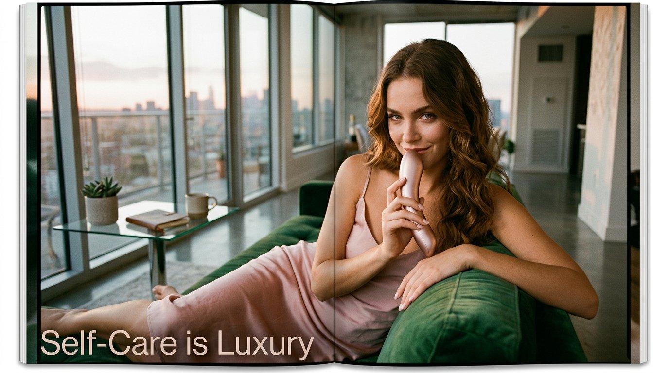 Stylish young woman in a blush silk nightdress on a velvet chaise lounge in a sunlit penthouse holding the rose-gold Satisfyer Pro 2