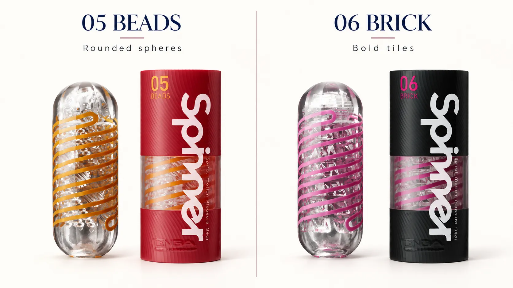 TENGA Spinner 05 BEADS and 06 BRICK shown side by side with their packaging.