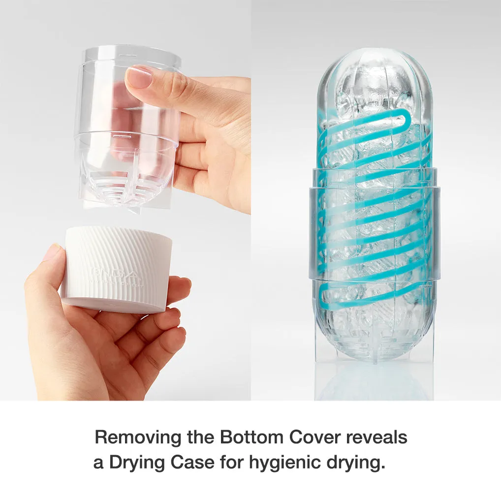 TENGA Spinner drying case shown with the sleeve positioned upright for drying.