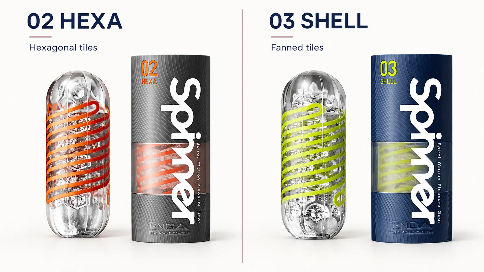 TENGA Spinner 02 HEXA and 03 SHELL shown side by side with their packaging.