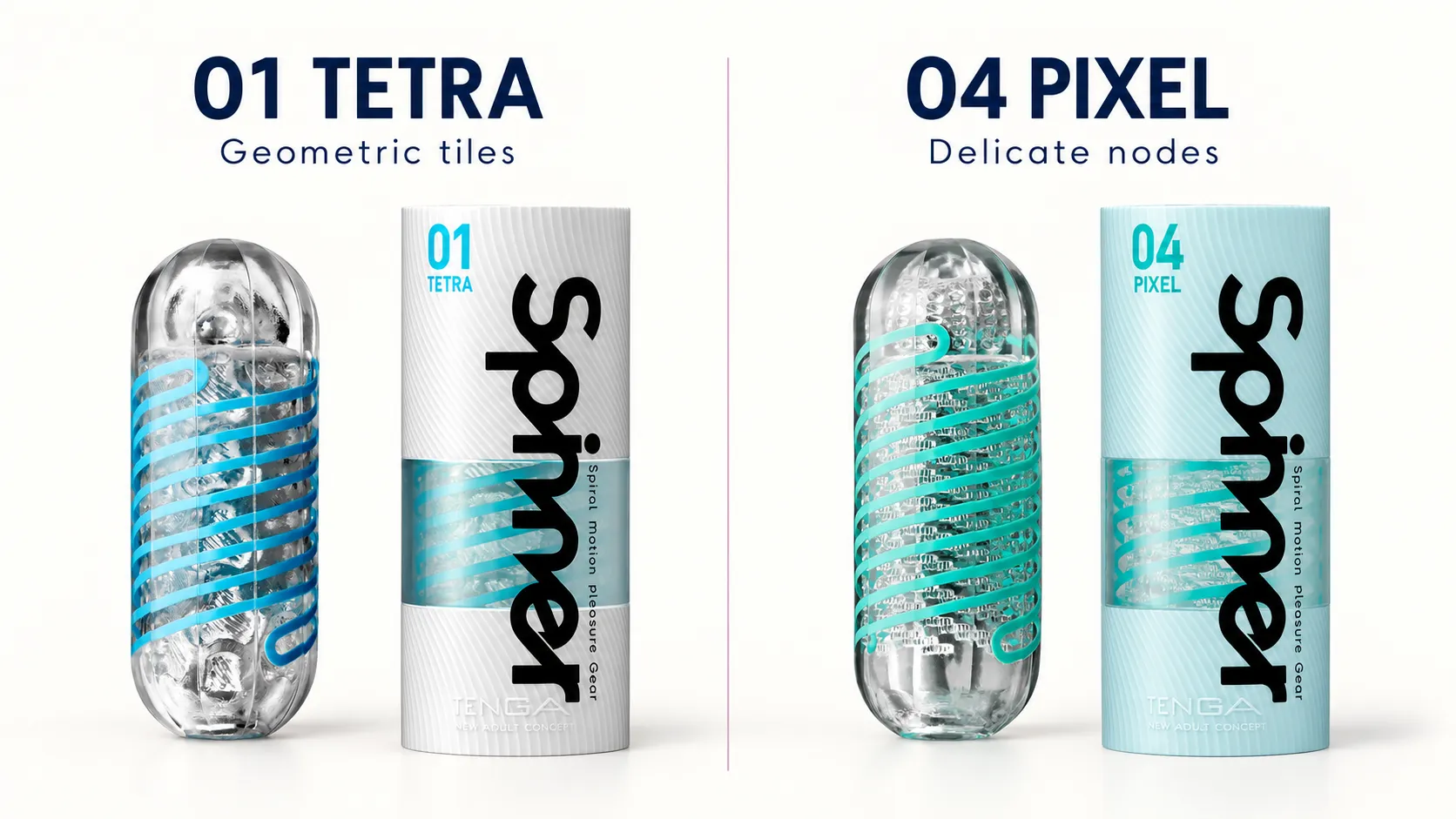 TENGA Spinner 01 TETRA and 04 PIXEL shown side by side with their packaging.