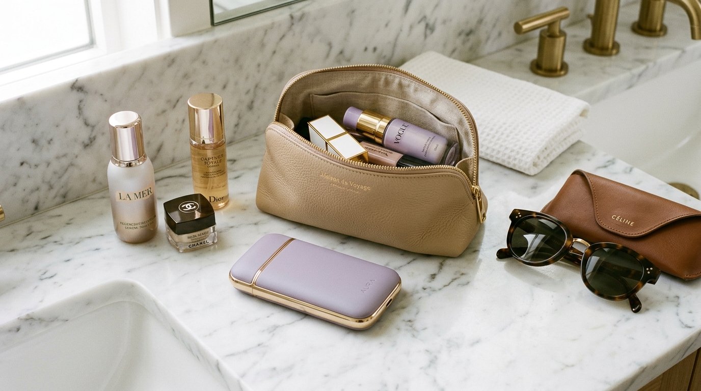 Womanizer Liberty 2 with discreet magnetic travel cover resting beside a leather cosmetic bag, designer lipstick, and sunglasses on a marble hotel bathroom vanity