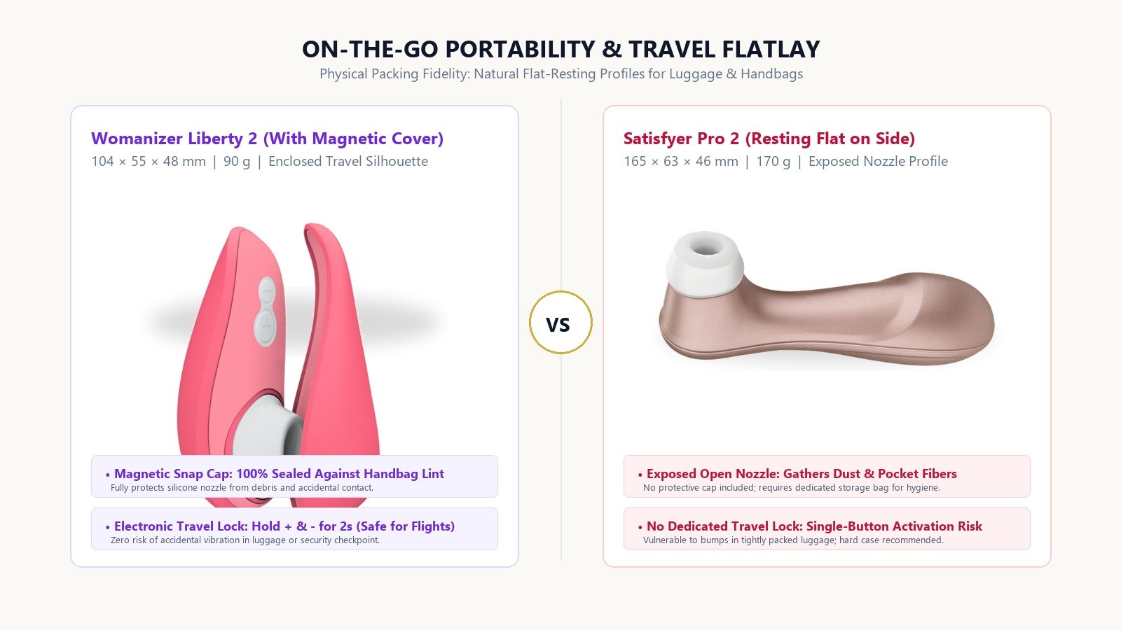 Authentic travel flatlay comparison showing Womanizer Liberty 2 with protective travel cover beside Satisfyer Pro 2 resting naturally flat on its side
