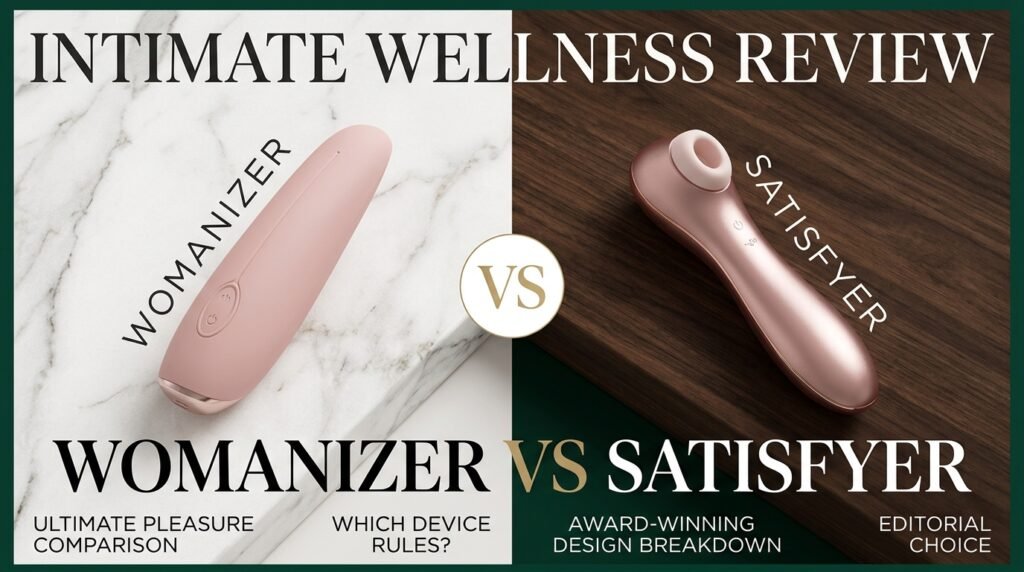 Womanizer vs Satisfyer editorial magazine cover showing Womanizer Classic 2 on marble and Satisfyer Pro 2 on dark walnut with central VS badge