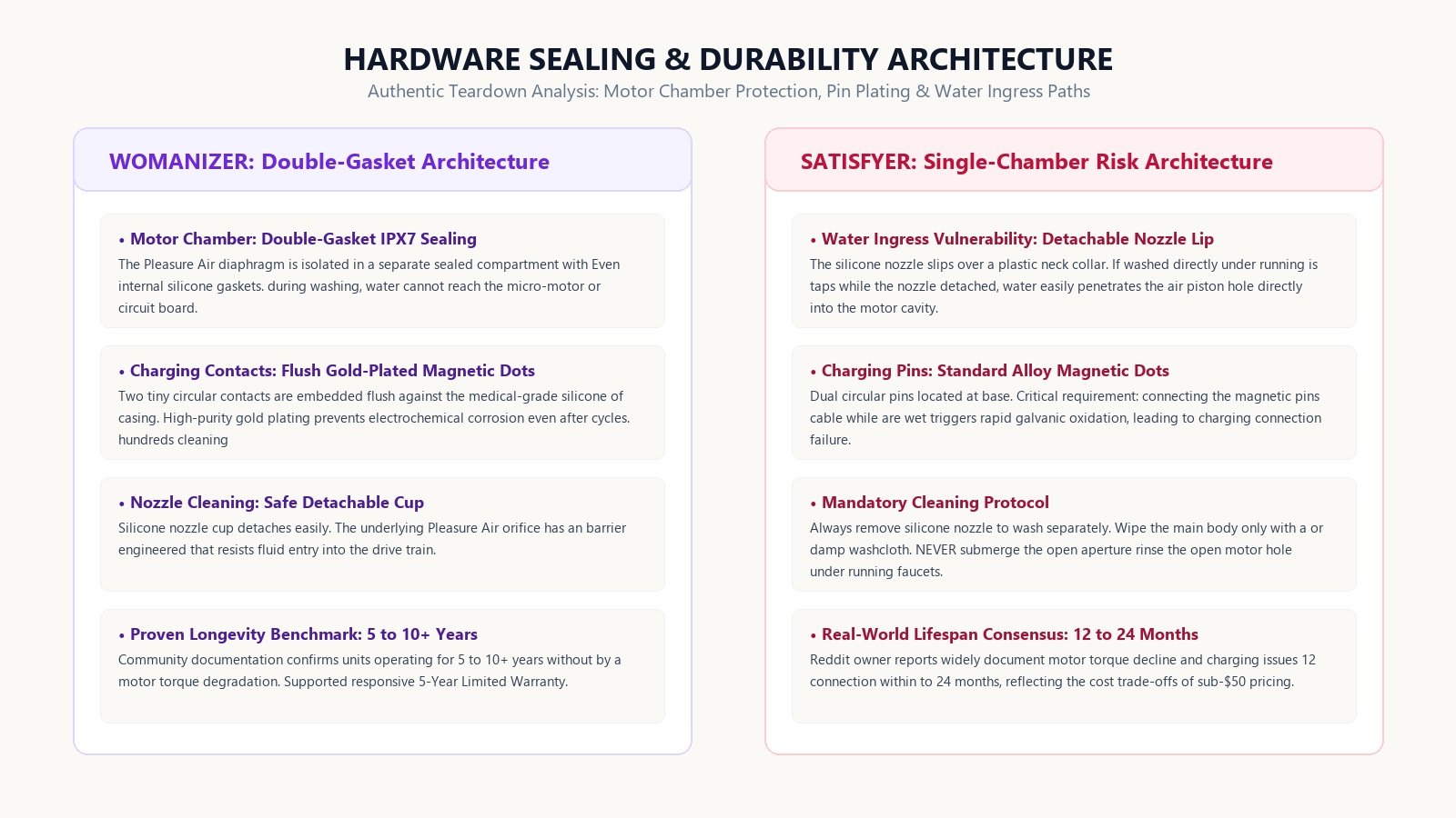 Hardware durability and water sealing architecture comparison based on design specs and owner reports comparing Womanizer double-gasket sealed motor chamber against Satisfyer open air piston cavity and galvanic pin care