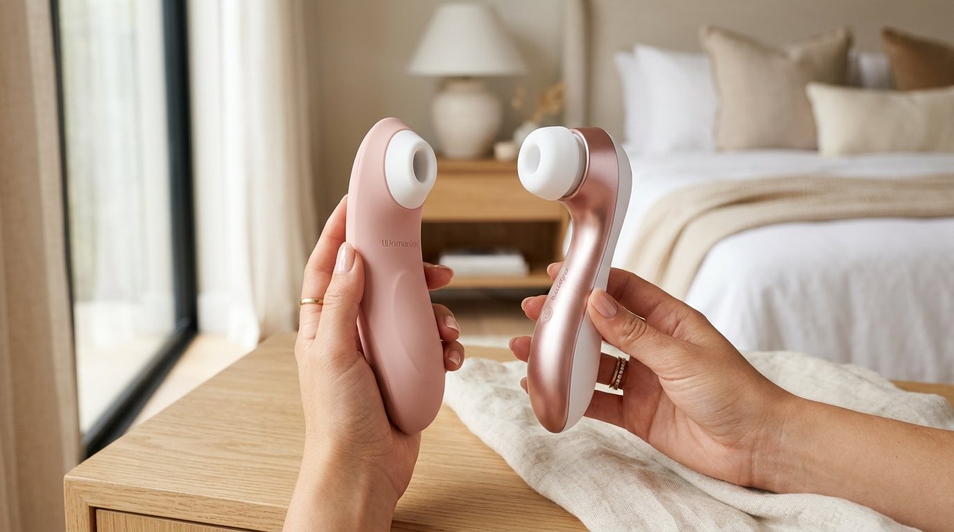 Two female hands holding Womanizer-style elongated clitoral stimulator (left) and Satisfyer Pro 2 (right) side-by-side in a sunlit bedroom showing in-hand grip ergonomics and angled nozzle orientation