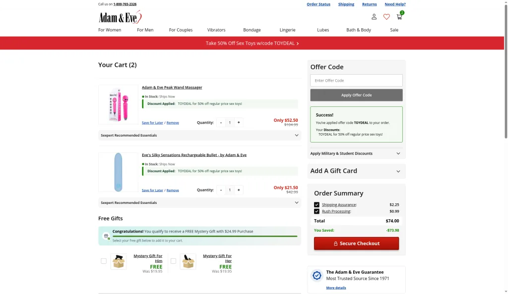 Adam & Eve guest cart with a Peak Wand and Silky Sensations bullet, TOYDEAL 50% off applied, a $74.00 subtotal and pre-checked Shipping Assurance and Rush Processing add-ons.