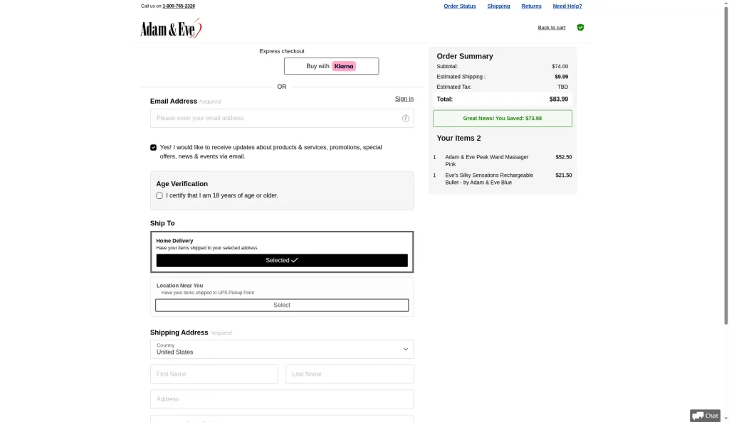 Adam & Eve checkout order summary showing a $74.00 subtotal, $9.99 estimated shipping and an $83.99 total.