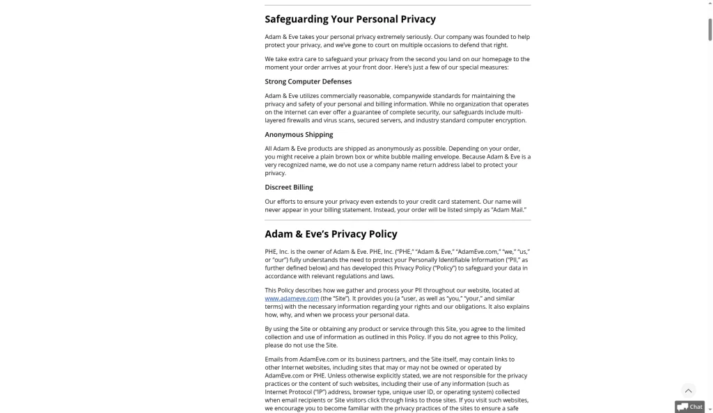 Adam & Eve discreet shipping page explaining plain-box packaging and that charges appear under the name Adam Mail.