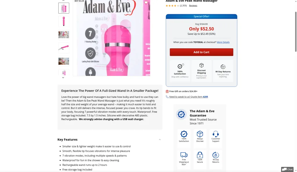 Adam & Eve Peak Wand product page showing a $52.50 price, regular $104.99, with silicone and ABS materials, 7.5 by 1.5 inch size and 7 vibration modes.
