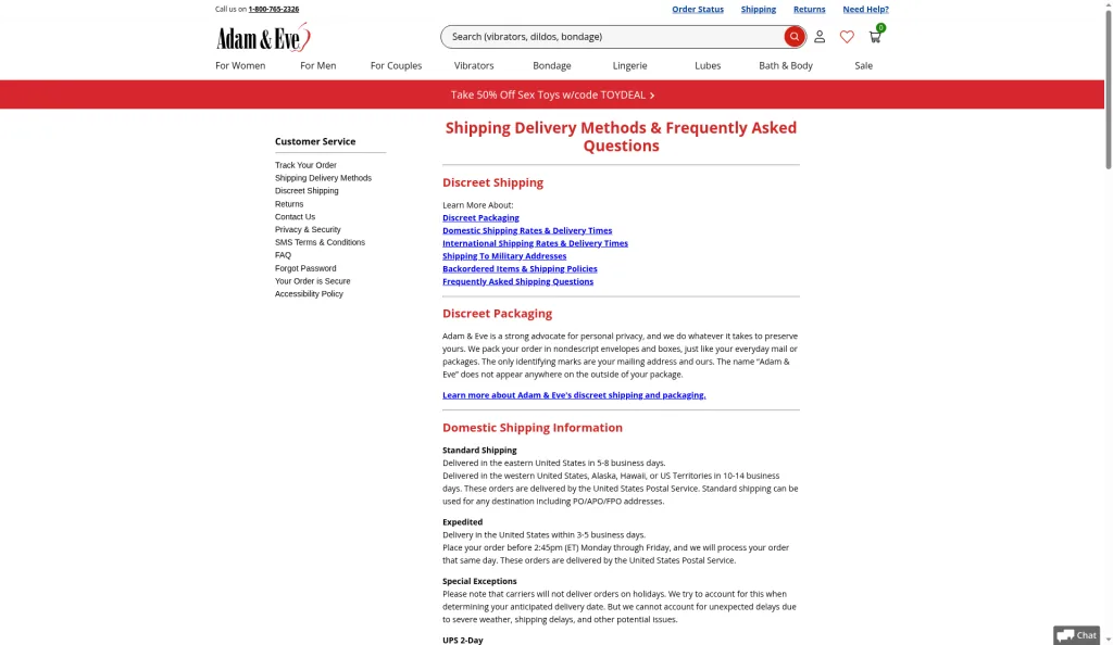 Adam & Eve shipping methods page listing standard delivery times, expedited shipping with a 2:45 pm ET cutoff, and UPS 2-Day, UPS Overnight and DHL options.