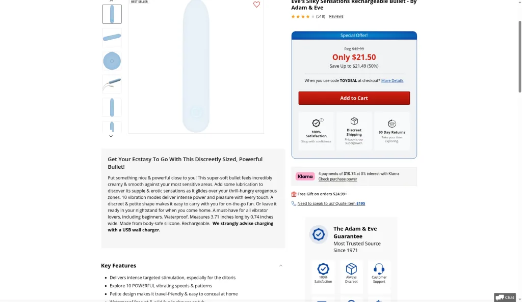 Adam & Eve Eve's Silky Sensations bullet product page showing a $21.50 price, regular $42.99, 3.71 by 0.74 inch size and 10 vibration modes.