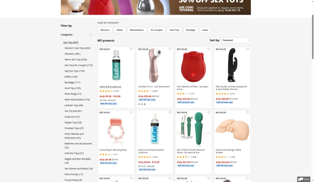 Adam & Eve promotion page listing toys eligible for the TOYDEAL 50% off code, including a Satisfyer Pro 2 shown at $35.00, marked down from $69.99.