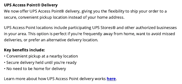 Adam & Eve shipping page section on UPS Access Point pickup locations