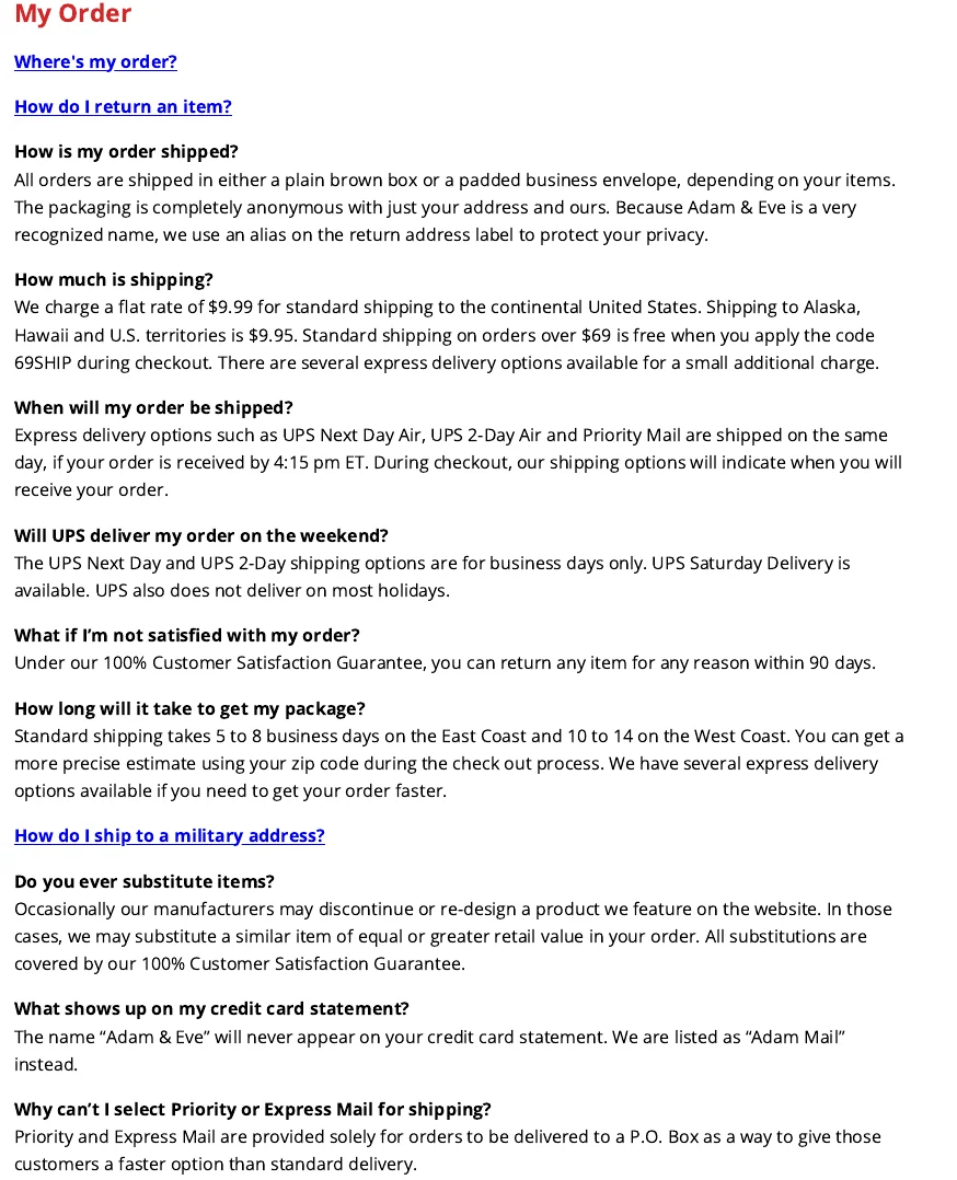 Adam & Eve help center FAQ explaining plain brown box or padded envelope shipping and the Adam Mail billing name