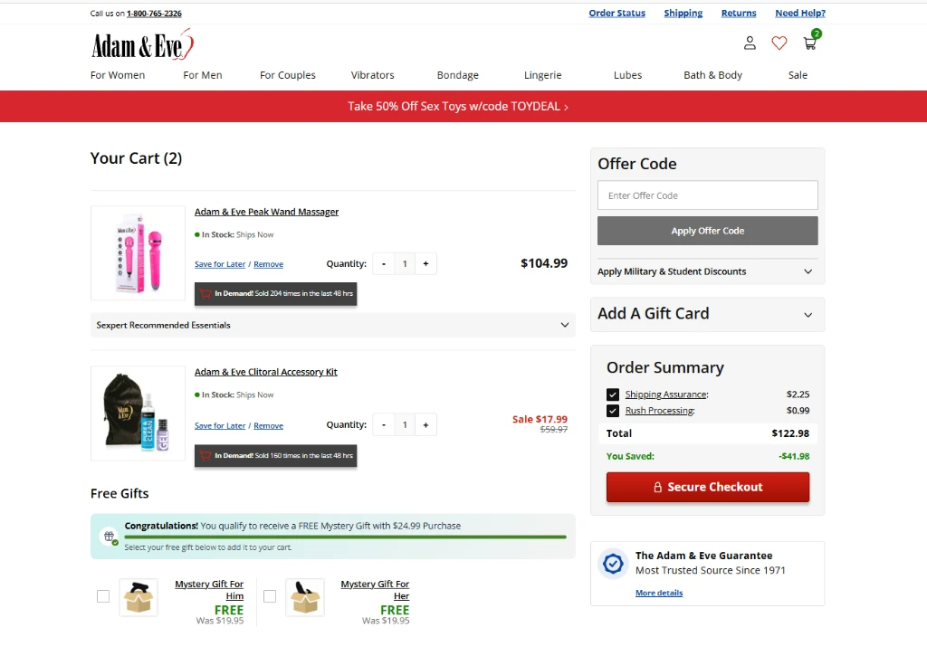 Screenshot of the Adam and Eve online checkout cart showing Shipping Assurance protection for $2.25 and Rush Processing option for $0.99.