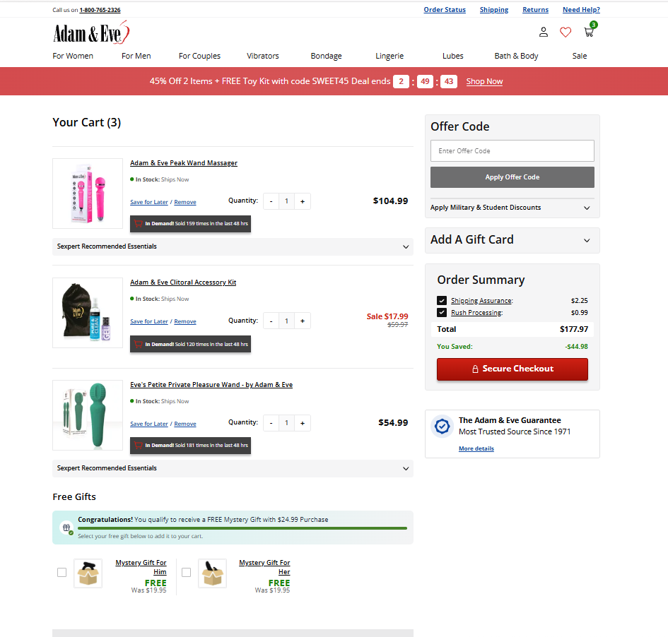 Adam and Eve shopping cart with three items, an offer-code field and optional charge controls