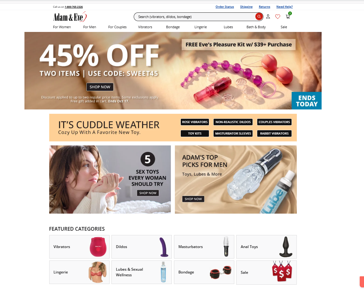 Adam and Eve homepage with navigation and a promotional banner