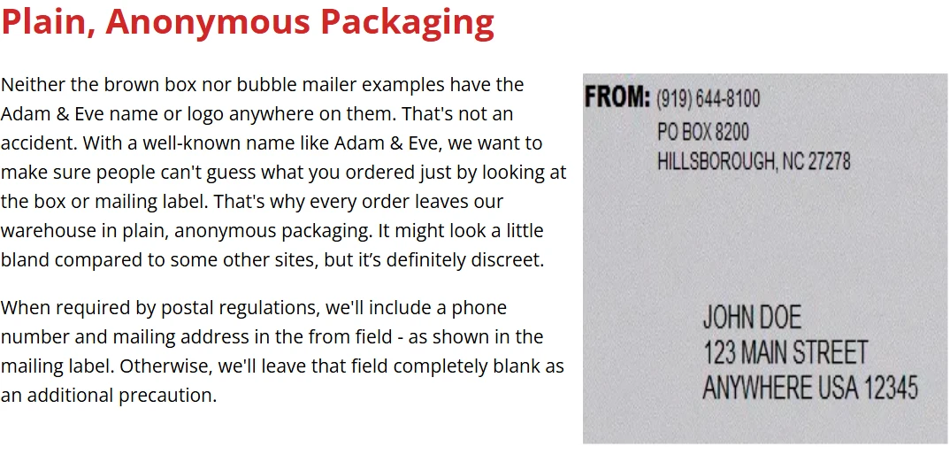 Official Adam and Eve packaging policy showing its example sender label alongside the published explanation.