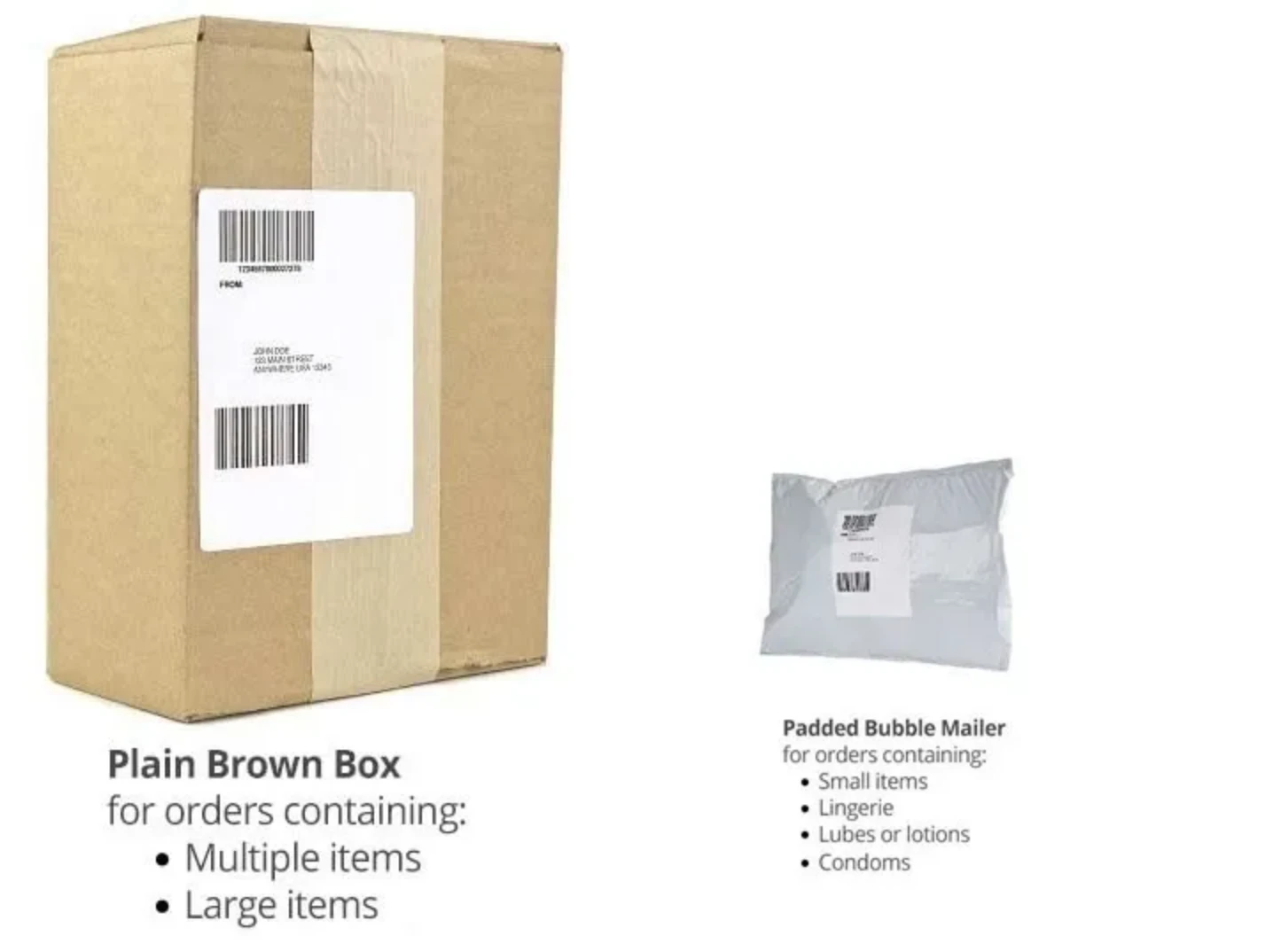 Official merchant illustration comparing a plain brown box with a padded bubble mailer.