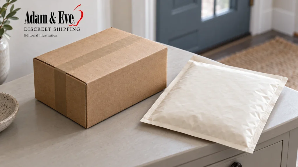 AI-generated editorial illustration of a plain cardboard box and opaque padded mailer on an entryway table.